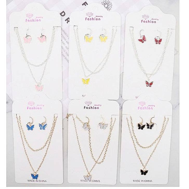 Diacly - Wholesale Pendant/Charm Necklace - 12pk Butterfly Theme Chain Necklace Earrings Set1