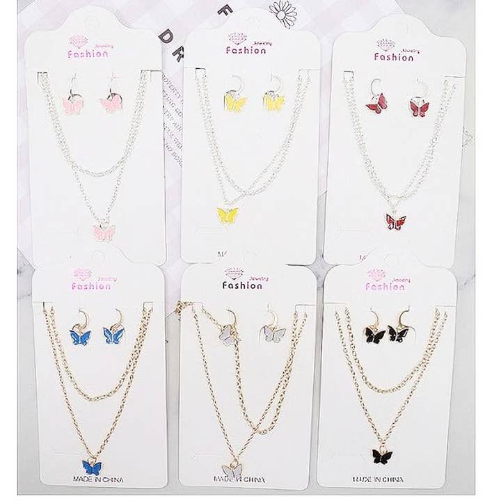 Diacly - Wholesale Pendant/Charm Necklace - 12pk Butterfly Theme Chain Necklace Earrings Set1