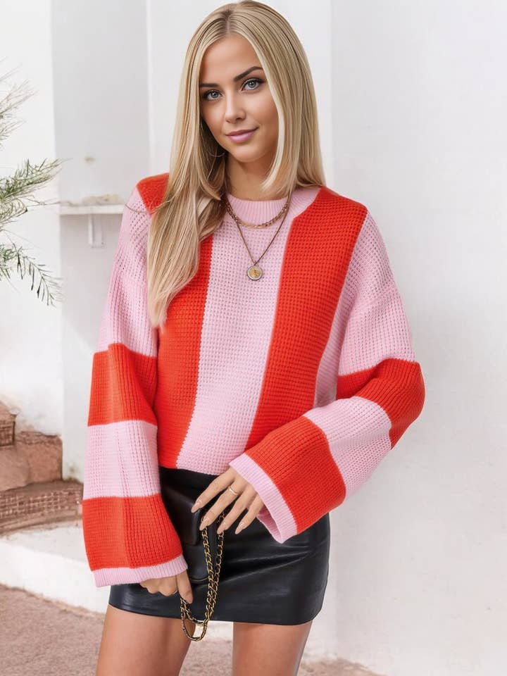 Bold Striped Knit Sweater with Wide Sleeves and Crew Neck for wholesale by Anna Kaci Wholesale