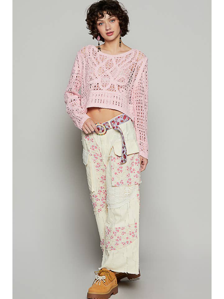 Pol Clothing - Wholesale Jeans - Women's - Wavy pattern crochet detail straight denim pants