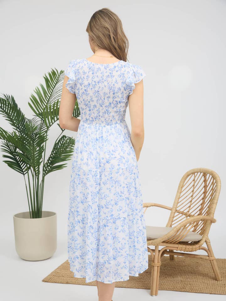 Blu Pepper - Wholesale Dress - Women's - FLORAL V NECK SMOCKED SHORT SLEEVE MIDI DRESS