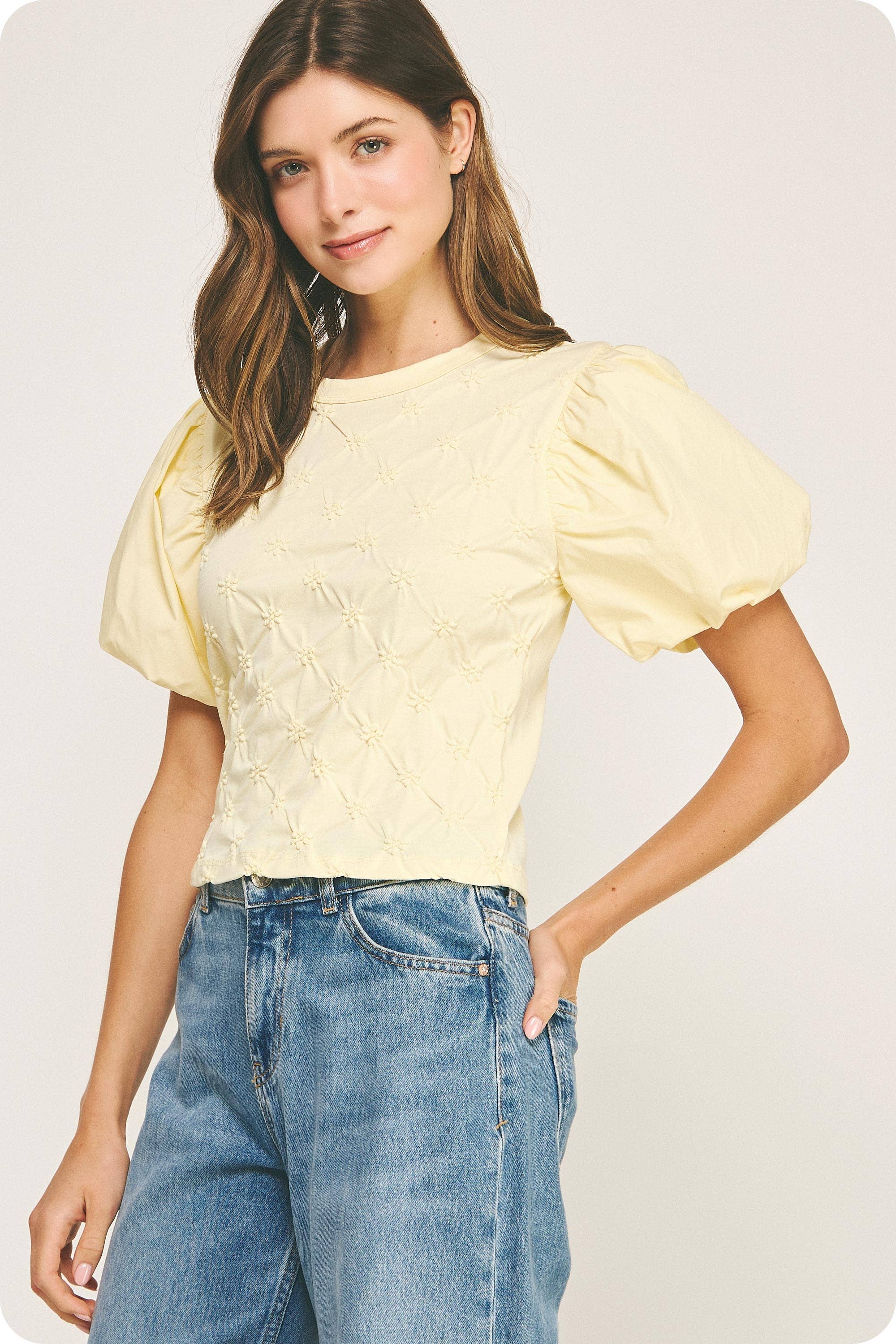 Strut & Bolt - Wholesale Blouse - Women's - Flower Embossed Puff Sleeve Tee Top7