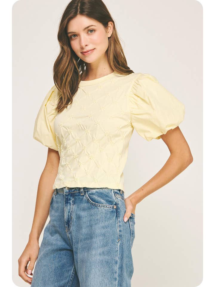 Strut & Bolt - Wholesale Blouse - Women's - Flower Embossed Puff Sleeve Tee Top7