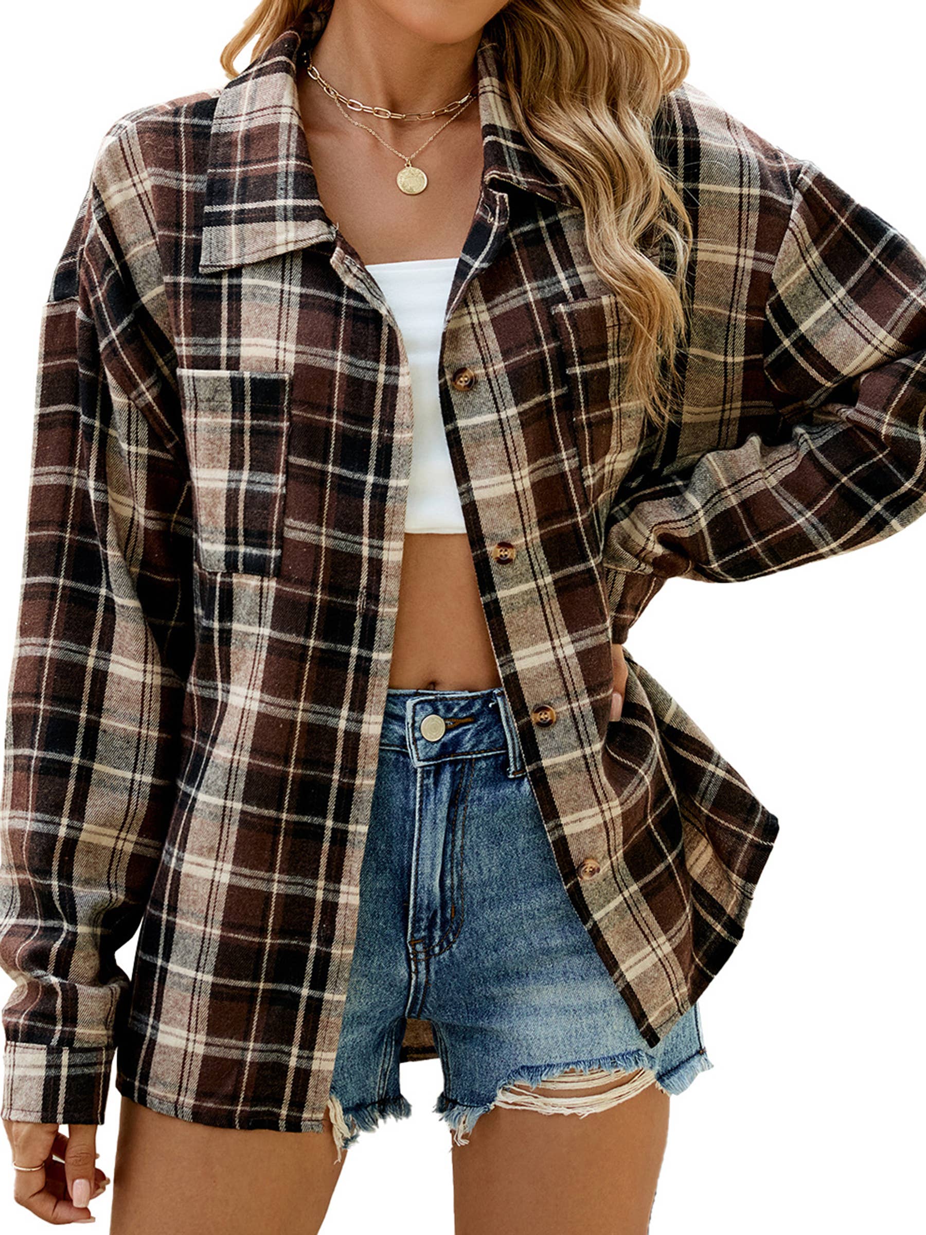 Wholesalesir - Wholesale Button Down Shirt - Women's - Collar Long Sleeved Pocket Button Checkered Top0