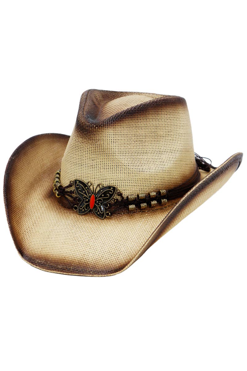 Cap Zone - Wholesale Cowboy Hat - Women's - Butterfly Emblem Waxed String Straw Cowboy Hat13