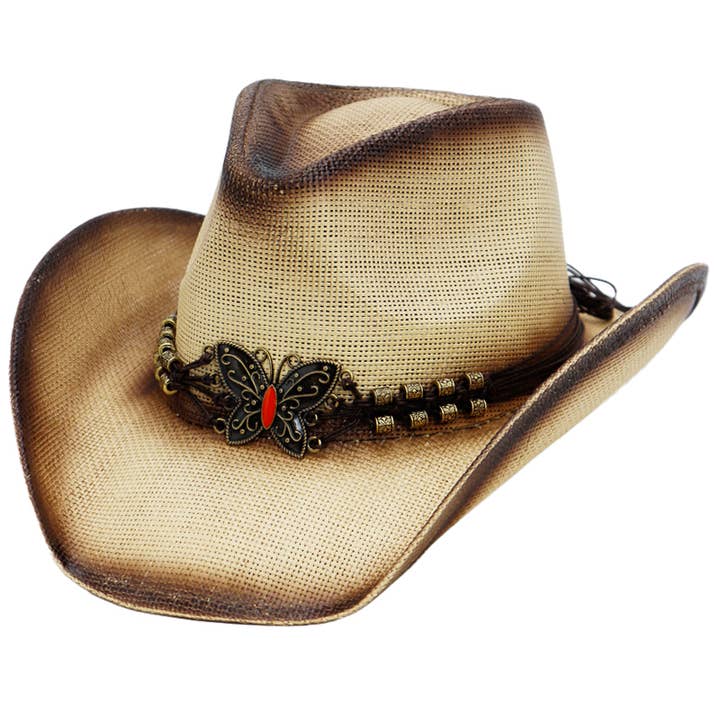 Cap Zone - Wholesale Cowboy Hat - Women's - Butterfly Emblem Waxed String Straw Cowboy Hat13