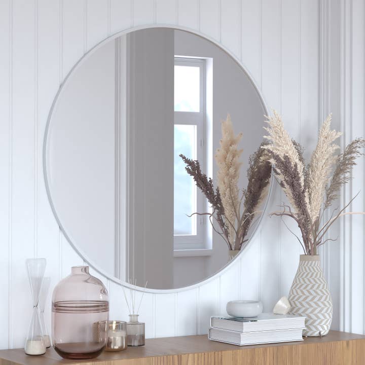 Miroir mural d'appoint rond de 36 po avec cadre en métal argenté HBCY pour la vente par Flash Furniture