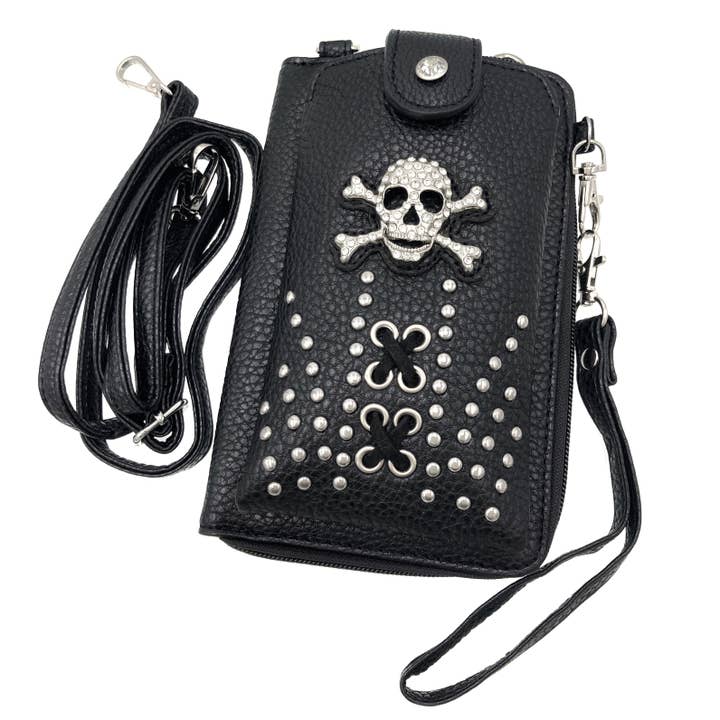 Black Skull Women's Crossbody Leather Phone Wallet for wholesale on Faire