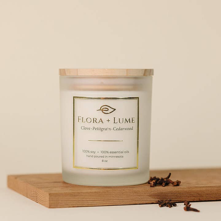 Clove, Petitgrain 100% Essential Oil, Soy Wax Candle for wholesale by Flora + Lume