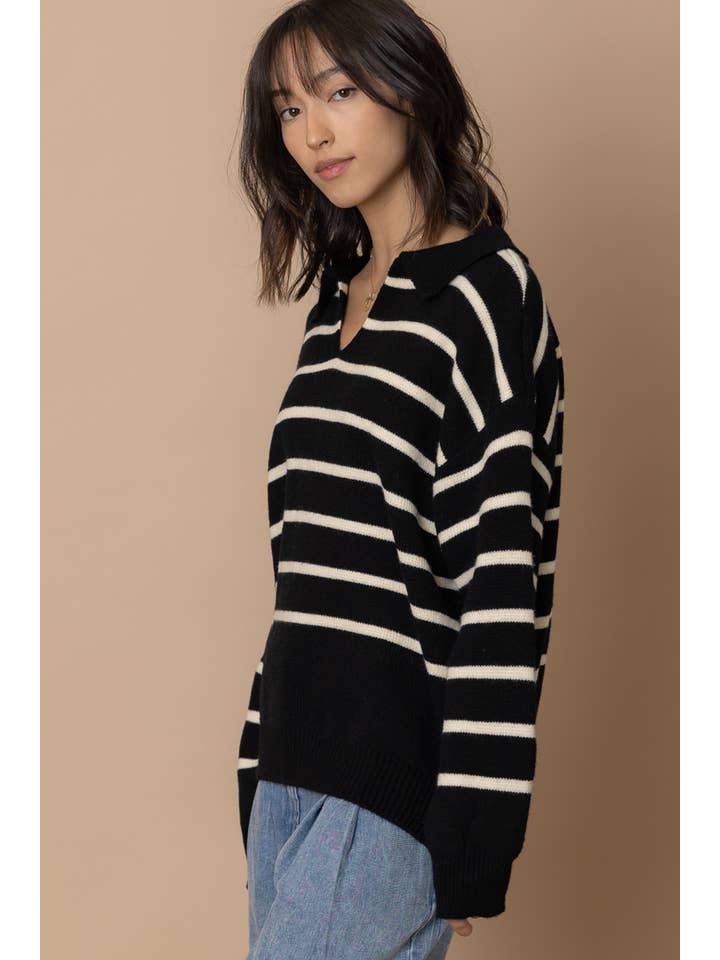 En Crème - Wholesale Knit Sweater - Women's - Striped Long Sleeve V-Neck Sweater Top8