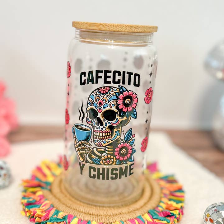 Oh So Latina - Vente Verre/tasse - Verre Cafecito y Chisme 16oz avec couvercle en bambou et paille0