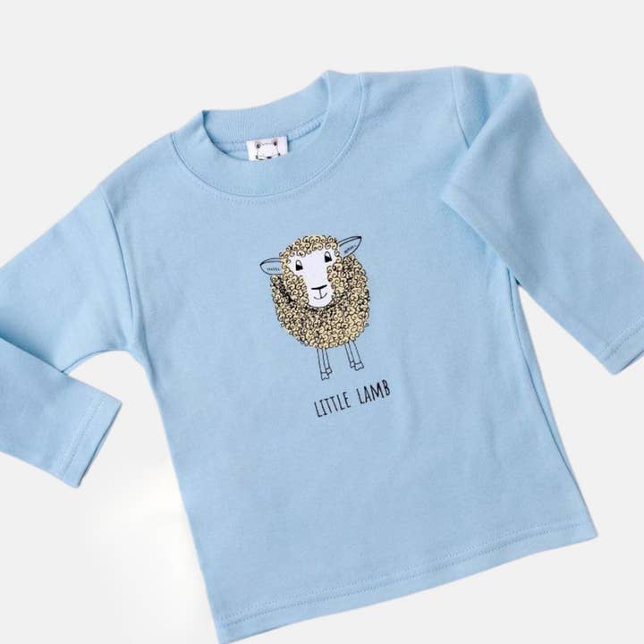 Baby Blue Long Sleeved T-Shirt With Lamb Print for wholesale by Cotswold Baby Co.