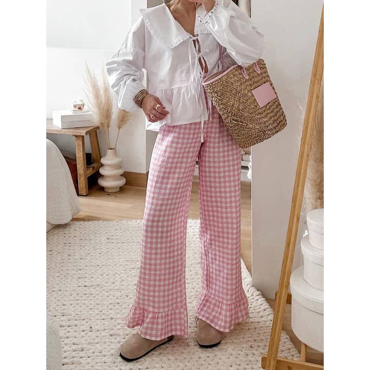 Rosa Clothing - Wholesale Pants - Women's - Gingham Trousers with Frill Hem