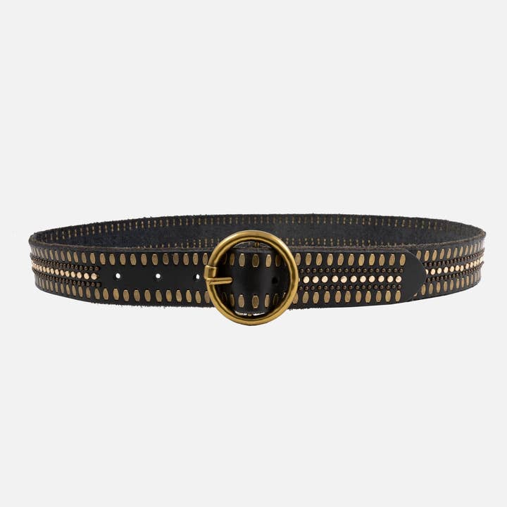 Amsterdam Heritage Leather Belts, Bags, Jackets & Apparel - Wholesale Belt - Women's - Soraya | Gold Circle Buckle Studded Leather Belt Women