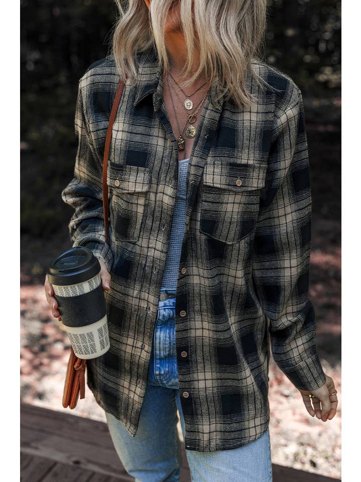 Multicolour LDC Retro Plaid Double Flap Pocket Button Down Shacket for wholesale on Faire