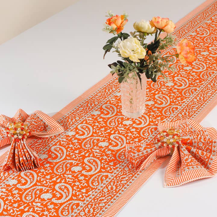 Tiramisu - Venta al por mayor Caminos de mesa - Camino de mesa de algodón con estampado de bloques en espiral de color mandarina