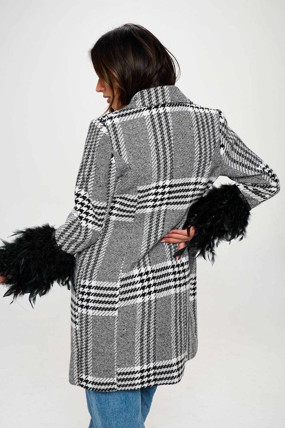 Black Multi WB243L1: Monochrome Masquerade Faux Fur-Cuffed Plaid Blazer for wholesale on Faire3