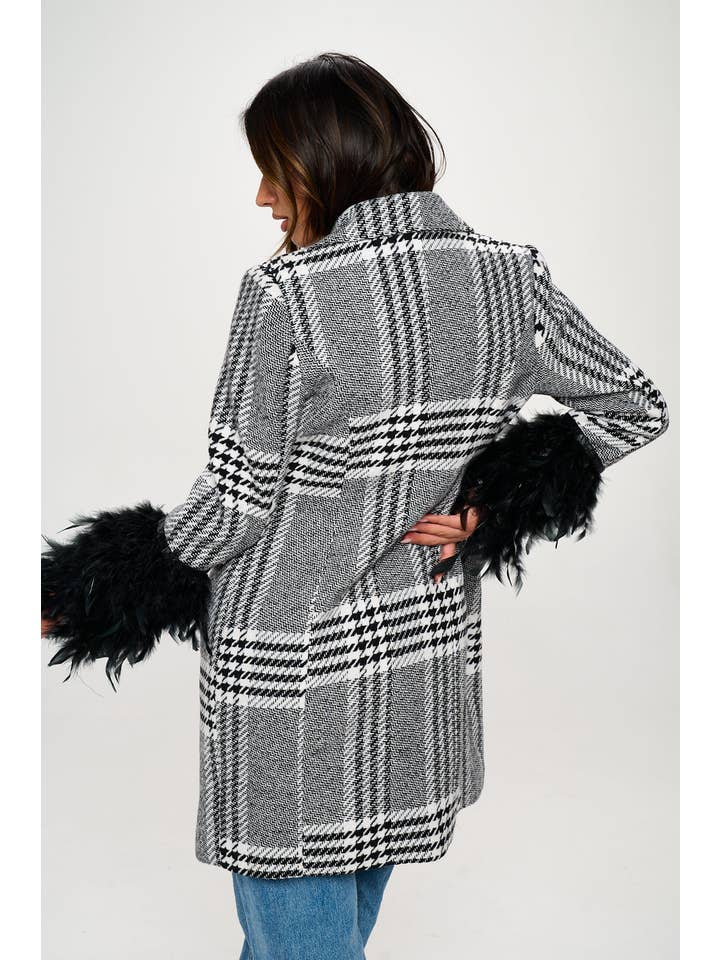 Black Multi WB243L1: Monochrome Masquerade Faux Fur-Cuffed Plaid Blazer for wholesale on Faire3