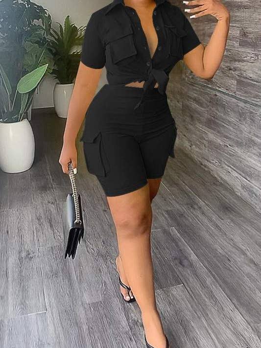 Crop Shirt and Shorts Set - Front Tied Shirt Feature for wholesale by Fashion Combination