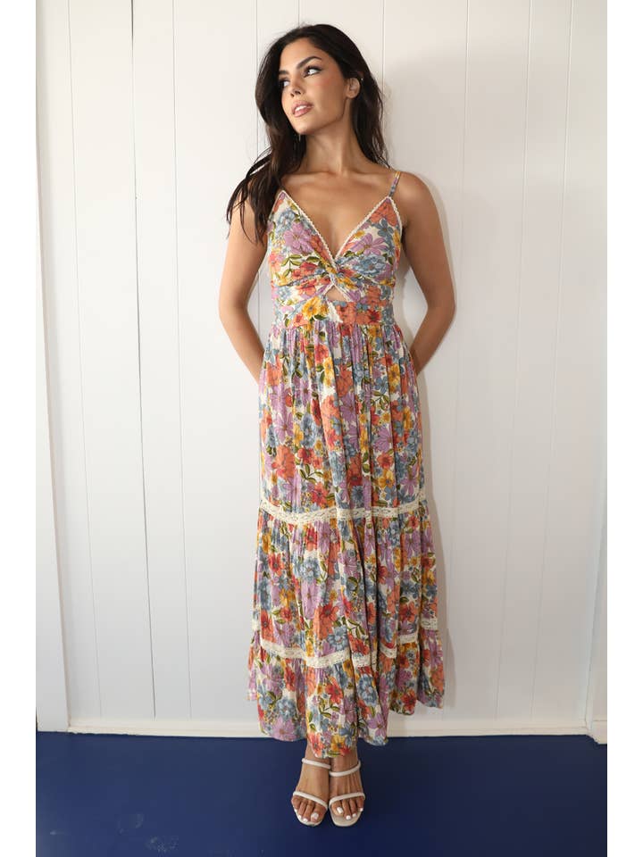 ANGIE - Wholesale Dress - Women's - F4F48-A855 V NECK TWIST FRONT CUT OUT MAXI WITH LACE1