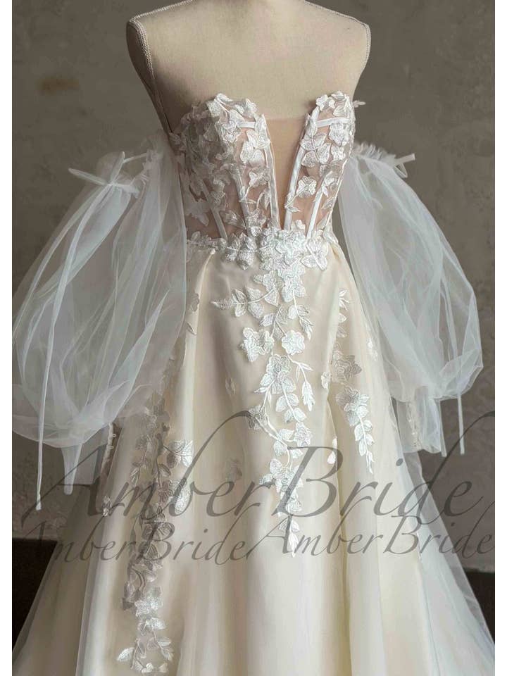 Amber Commerce Group, MB - Wholesale Gown – Women's - STOCK SELL-OUT: Boho Strapless Wedding Dress with Floral Appliques and Detachable Puffy Sleeves7