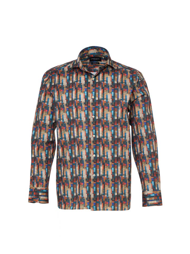 Mehrfarbiges Geo-Abstrakt-Hemd mit Knopfleiste für den Großhandel von Luchiano Visconti