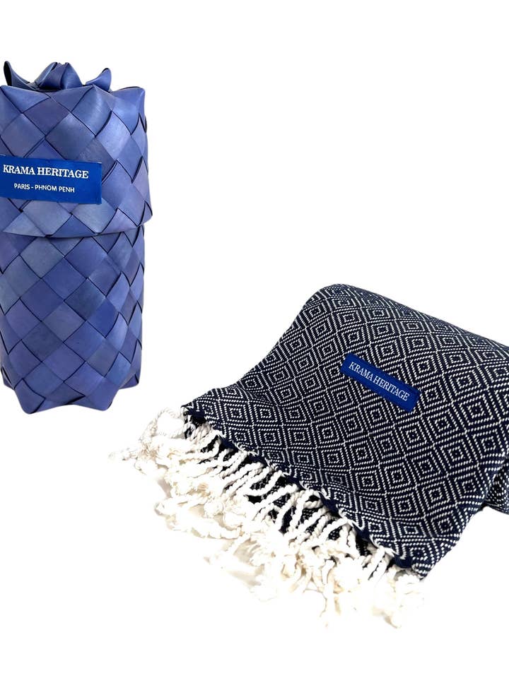 The Navy Blue Warm Krama in its palm leaf case - Woman for wholesale by Krama Heritage