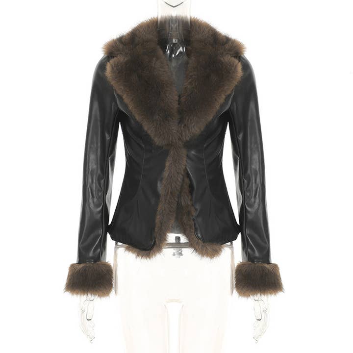 BLACK SLIM WARM FUR COLLAR PATCHWORK LEATHER COAT for wholesale on Faire