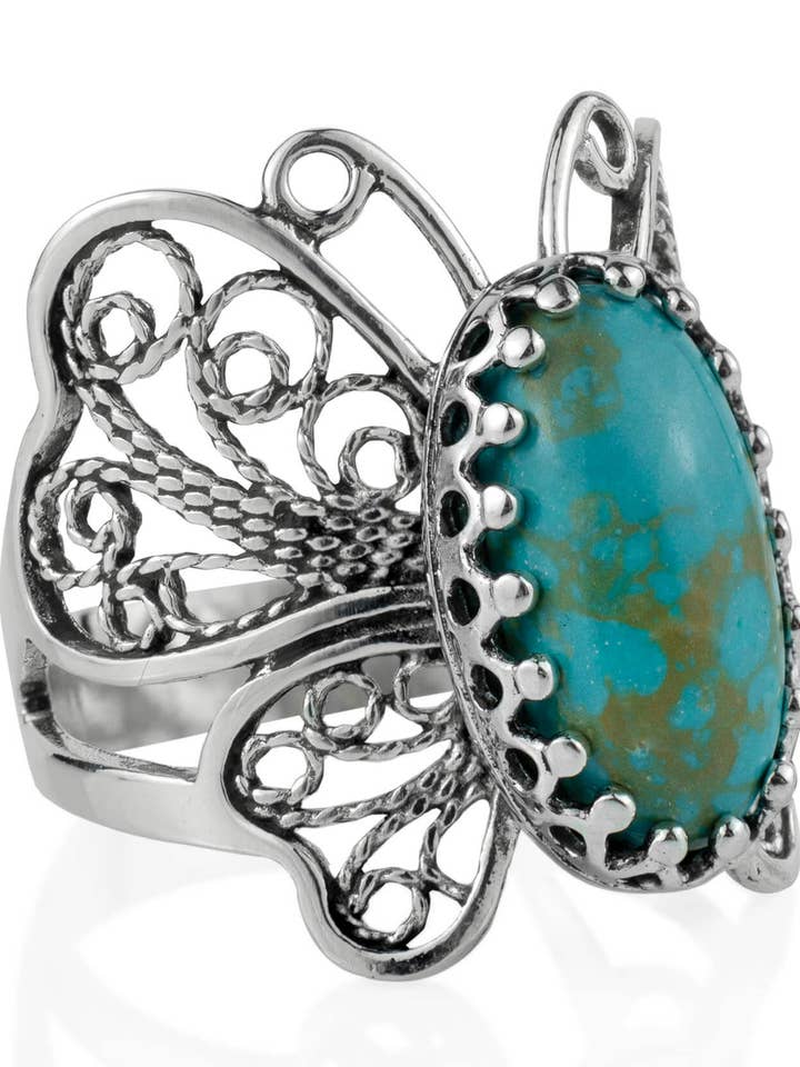 Art Turquoise Gemstone Women Butterfly Sterling Silver Ring for wholesale by Filigranist Jewelry