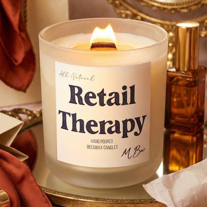 Retail Therapy - Peach & Amber | Woodwick Beeswax Candle for wholesale by M Bur Candle Co.