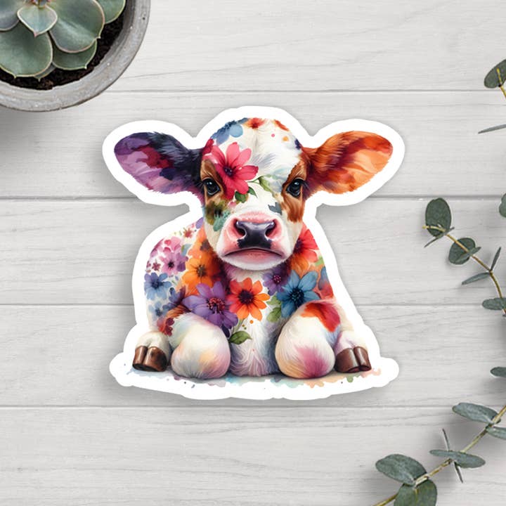 Floral Cow Vinyl Sticker for wholesale by Expression Design Co