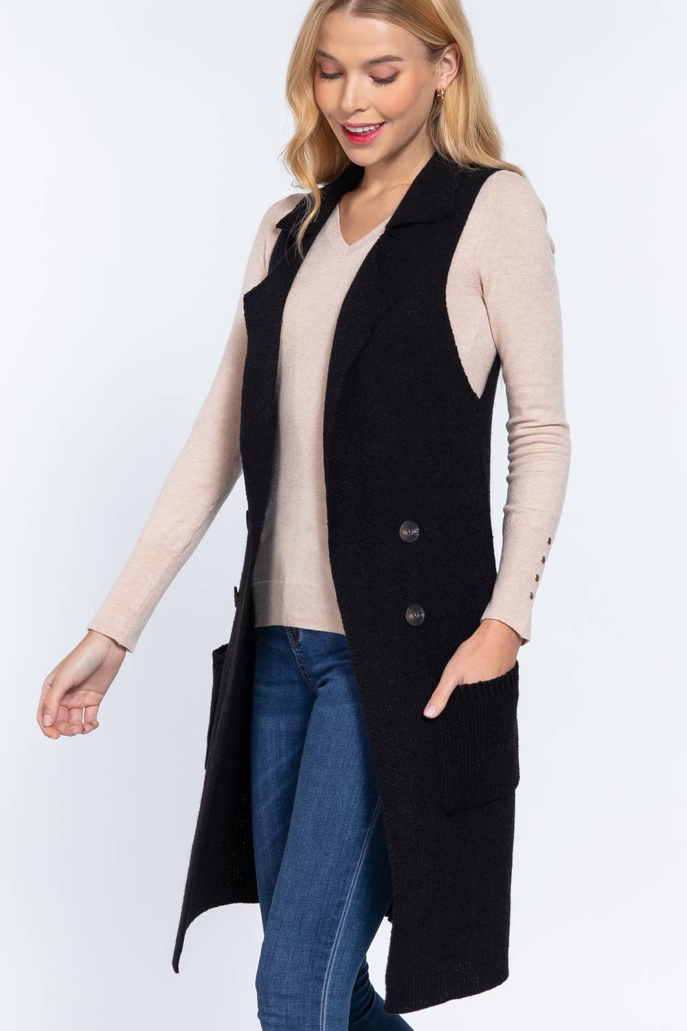 Active Basic | Active USA - Wholesale Outerwear Vest - Women's - Sleeveless Notched Collar Long Sweater Vest22