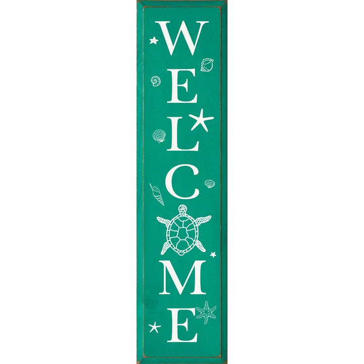 Welcome (Sea Turtle as "O") Vertical Wood Sign for wholesale by SAWDUST CITY