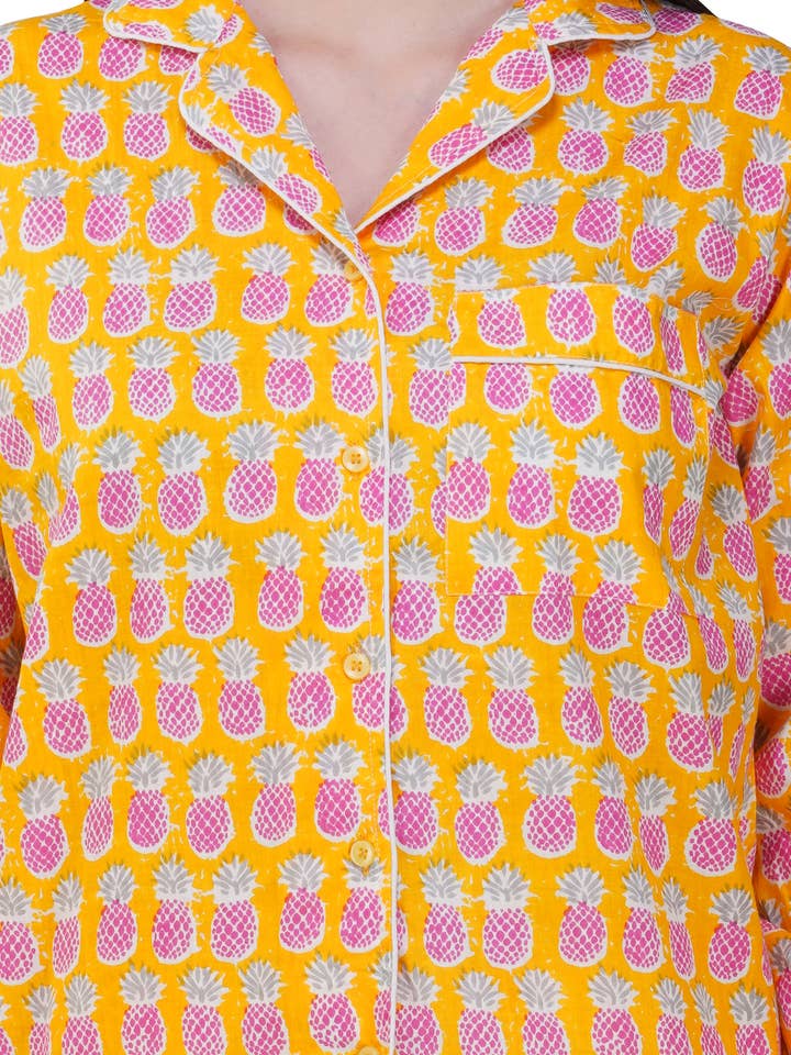 Purple Mohar - Wholesale Sleepwear Set - Women's - Tropical Bliss: 3-Piece Yellow Pink Pineapple Pajama Set