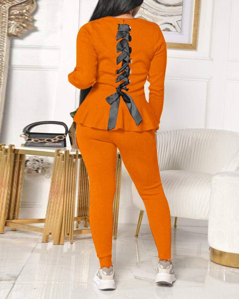 Fashion Combination - Wholesale Top & Pant Set (NOT Loungewear) - Women's - laceup bardot peplum top skinny pants set3