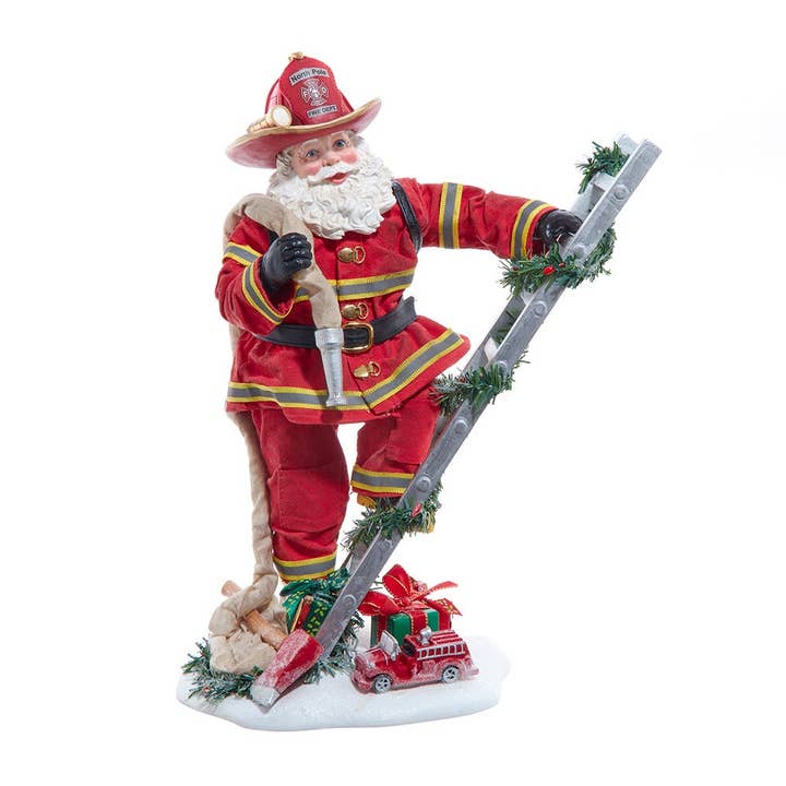 Kurt S. Adler, Inc. - Wholesale Christmas Decoration - 11.5"FABRICHE FIREMAN SANTA+LADDER