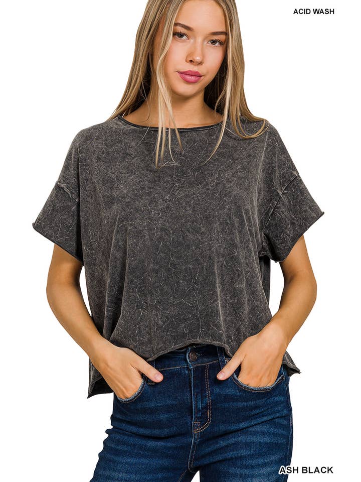 42POPS - Wholesale Knit Top - Women's - ,, SI-27489 Washed Crew Neck Crop TShirt