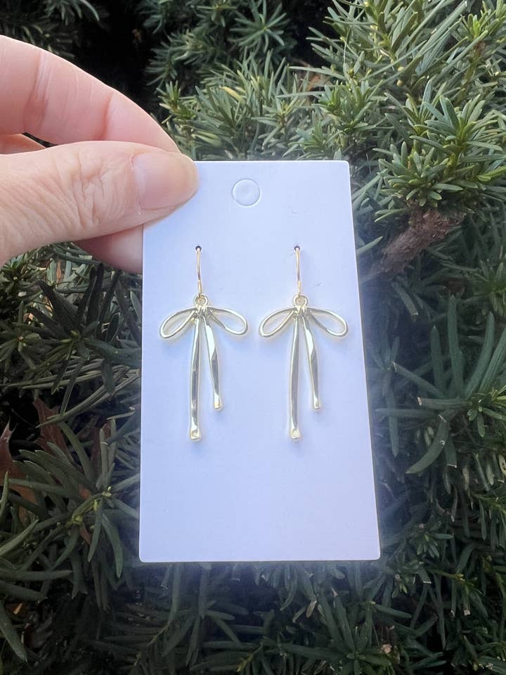 Gold Metal Long Bow Earrings for wholesale by Baubles by B