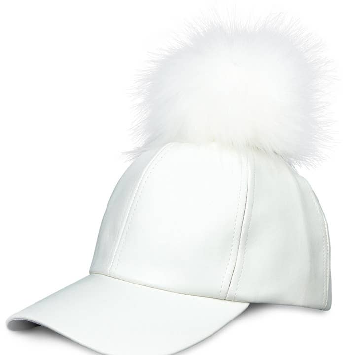 WHITE Magid Faux Leather & Fur Pom Pom Baseball Cap for wholesale on Faire
