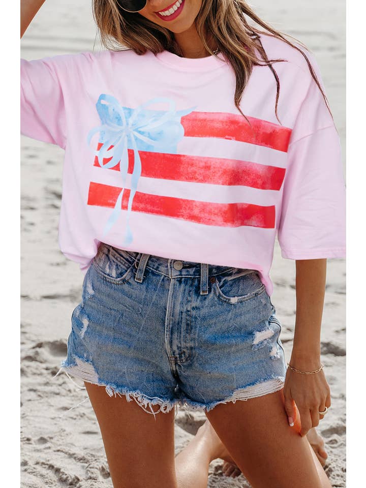 Aapparella - Wholesale Screen Printed T-Shirt - Women's - Flag Bow Patch Graphic Short Sleeve Tee | S-XL