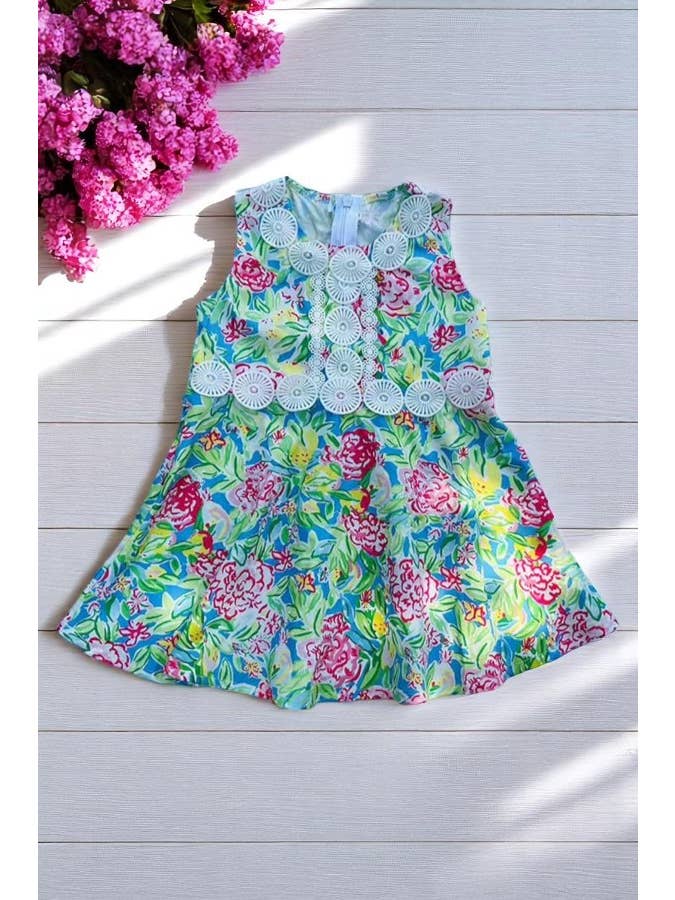 luluclothes - Wholesale Dress - Kids - Girls dress Floral prints & white lace trim DLH2877