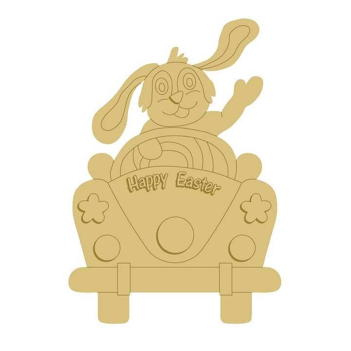 3D Happy Easter Rabbit in Car Unfinished Wood Cutout for wholesale by Diverse Woodworking