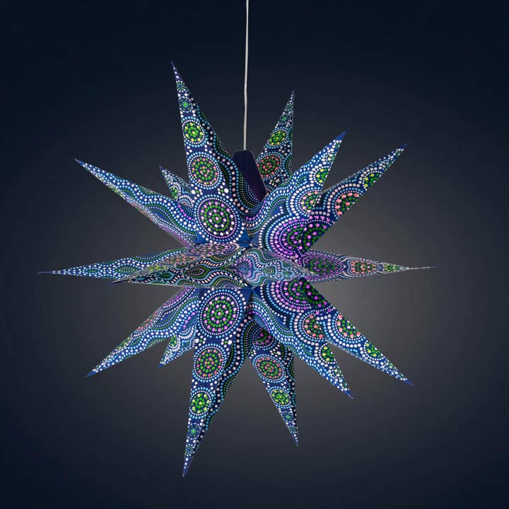 Kaleidoscope Moravian Star 24" blue with green / white and purple / red tissue for wholesale by Artschatz LLC