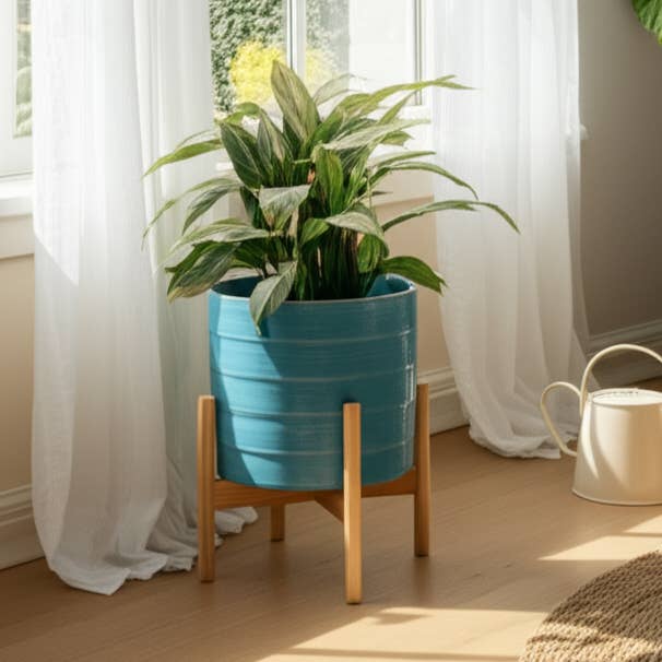 Ceramic Round Striped Stand Planter Pot - Sky Blue, 10 in. for wholesale by Sagebrook Home