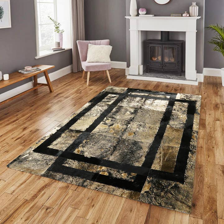 Black Lined Gold Leaf Cowhide Patchwork Rug for wholesale by Karelias And Sons