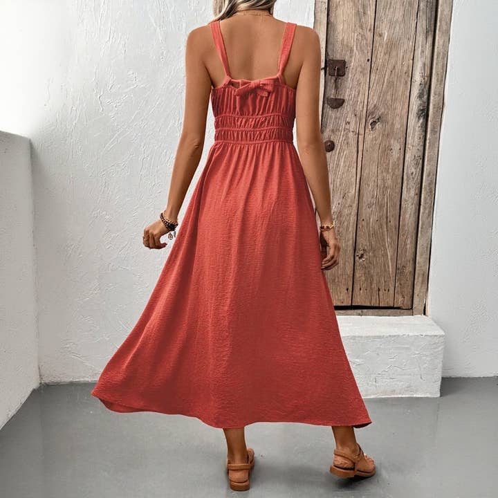 Red Texture Sleeveless Casual Pleated Maxi Dress for wholesale on Faire