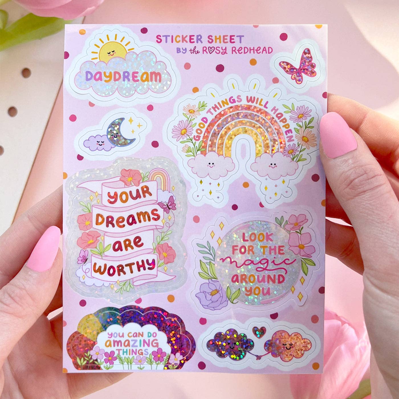The Rosy Redhead - Wholesale Sticker - Daydream Cute Glittery Positivity Waterproof Sticker Sheet5