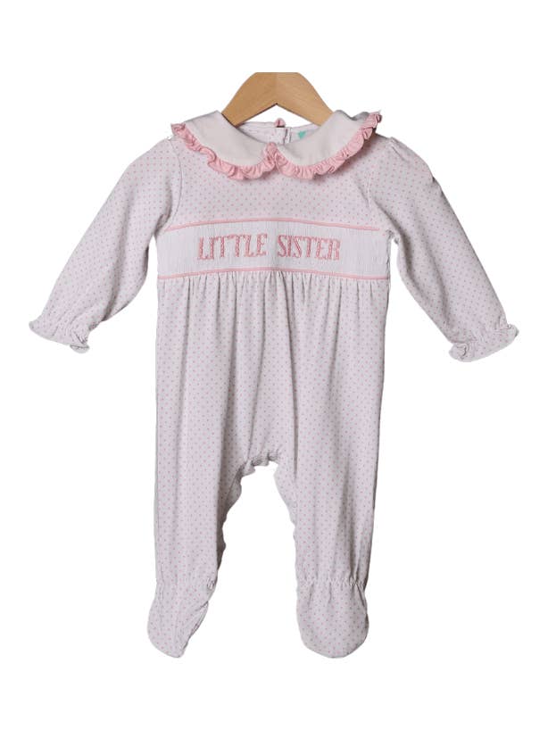 Mameluco con patas de Little Sister Bitty Dot para venta al por mayor de The Smocked Flamingo