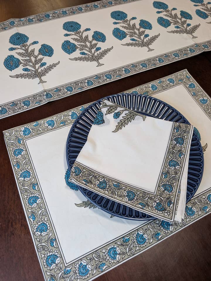 Blue Tulips Block-Printed Tabletop Linen for wholesale by Mystic Marigold Co.