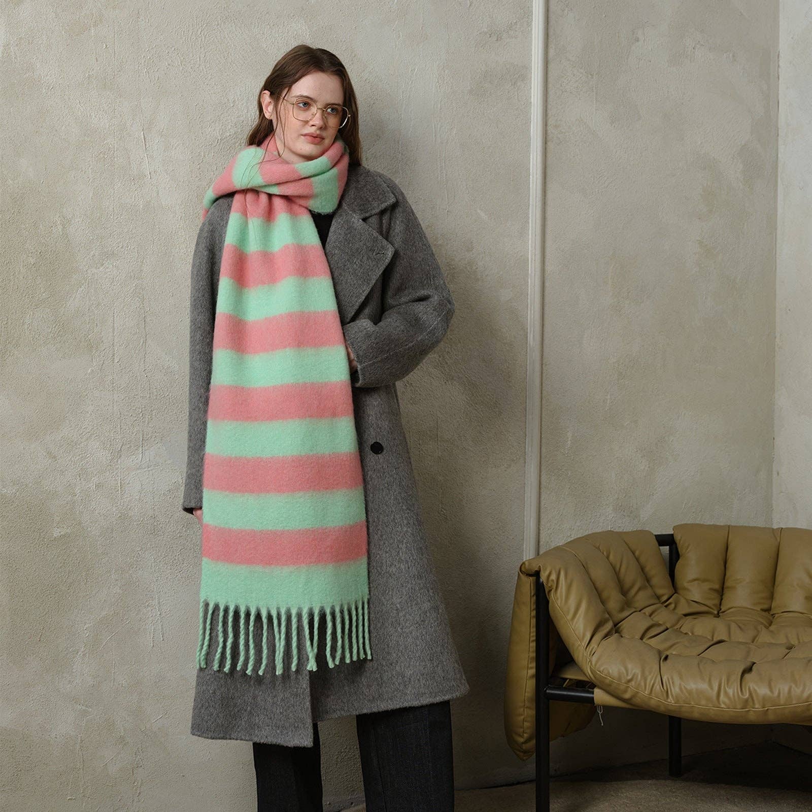Dipped Shop - Wholesale Scarf - Women's - Striped Color Block Thicken Tassel Warm Scarve DPS13152